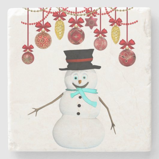 Kerstmarmer Stone Onderzetter, Snowman Stenen Onderzetter (Voorkant)