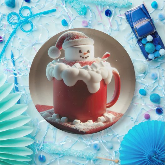 Kerstmarshmallow sneeuwpop in warme chocolademelk papieren bordje (Feest)