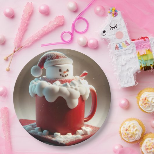 Kerstmarshmallow sneeuwpop in warme chocolademelk papieren bordje (Feest)