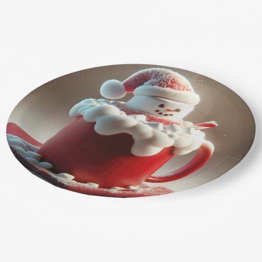 Kerstmarshmallow sneeuwpop in warme chocolademelk papieren bordje (Gekanteld)