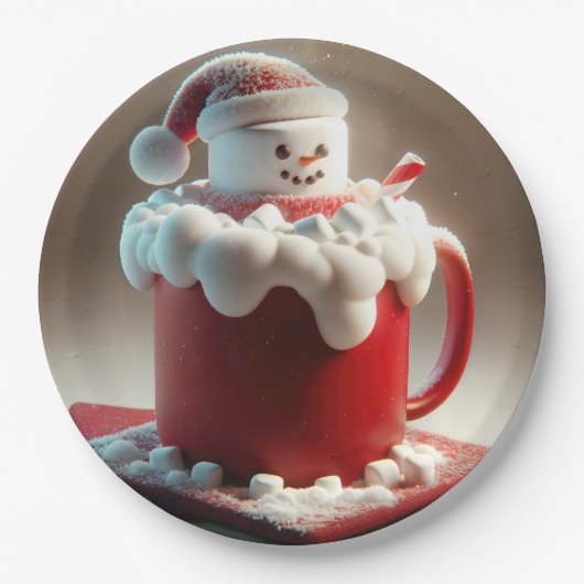 Kerstmarshmallow sneeuwpop in warme chocolademelk papieren bordje (Voorkant)