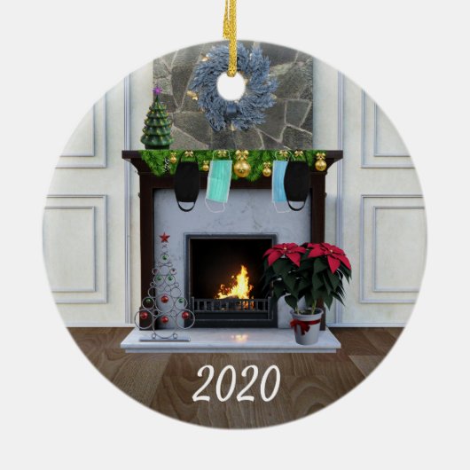 kerstmasker Fireplace Covid Funny 2020 Keramisch Ornament (Achterkant)