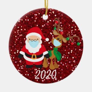 Kerstmasker Kerstman en Rendier 2020 Pailletten Keramisch Ornament