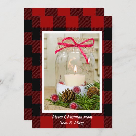 Kerstmason-kaars met pijnhout feestdagenkaart (Voorkant / Achterkant)