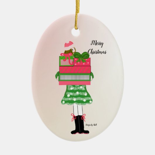 Kerstmeisje, beladen met pakketten keramisch ornament (Voorkant)