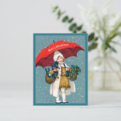 Kerstmeisje, Dachshund Puppy, Red Umbrella Briefkaart (Staand voorkant)