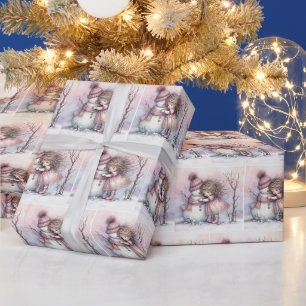 Kerstmeisje dat een sneeuwman omhelst cadeaupapier