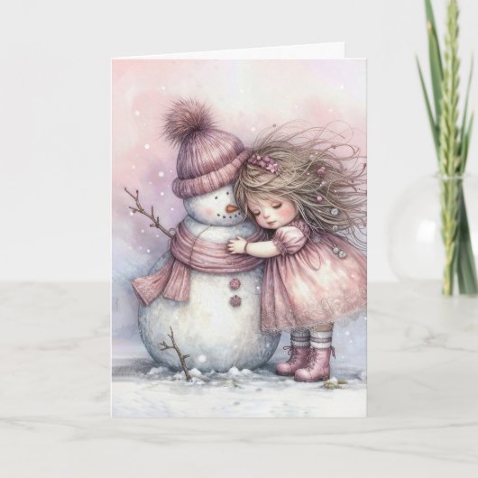 Kerstmeisje dat een sneeuwman omhelst kaart (Voorkant)