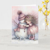 Kerstmeisje dat een sneeuwman omhelst kaart (Gele Bloem)