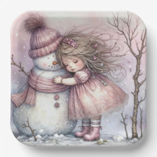 Kerstmeisje dat een sneeuwman omhelst papieren bordje