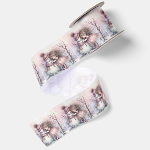 Kerstmeisje dat een sneeuwman omhelst satijnen lint