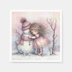 Kerstmeisje dat een sneeuwman omhelst servet