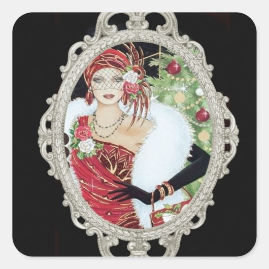 Kerstmeisje Dazzling Red en Gold Dress Vierkante Sticker (Voorkant)