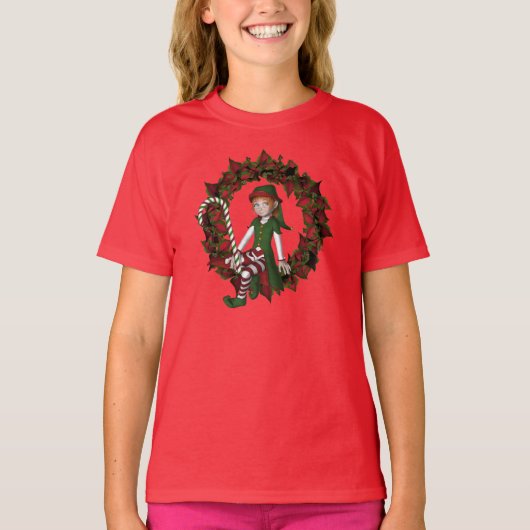Kerstmeisje Elf op Wreatcute Holiday T-shirt (Voorkant)