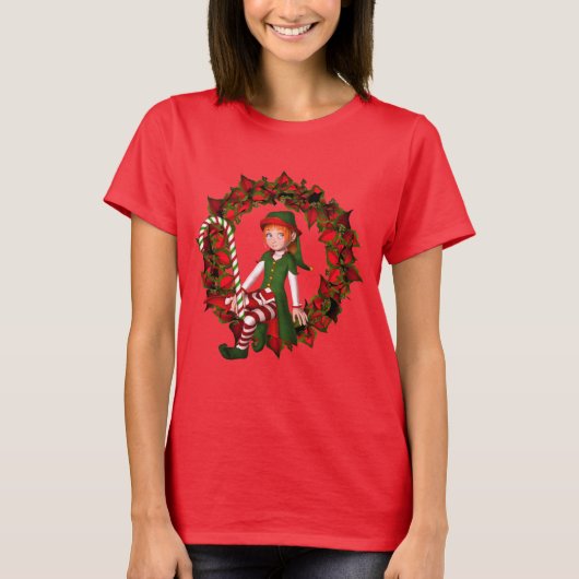 Kerstmeisje Elf op Wreatcute Holiday T-shirt (Voorkant)