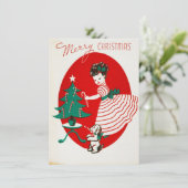 Kerstmeisje en hond met zuurstok Vintage Kerstmis Feestdagenkaart (Staand voorkant)