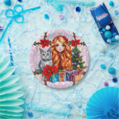 KERSTMEISJE EN KAT ~  PAPIEREN BORDJE (Feest)