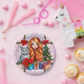 KERSTMEISJE EN KAT ~  PAPIEREN BORDJE (Feest)