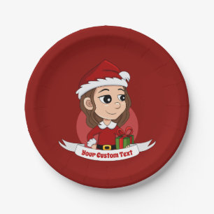 kerstmeisje met bruin haar haar papieren bordje