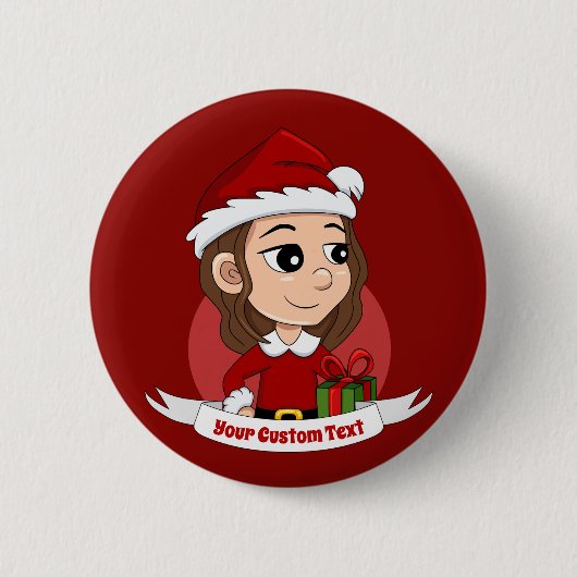 kerstmeisje met bruin haar haar ronde button 5,7 cm (Voorkant)