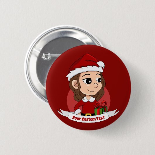 kerstmeisje met bruin haar haar ronde button 5,7 cm (Voorkant /achterkant)
