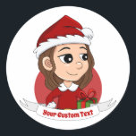 kerstmeisje met bruin haar haar ronde sticker<br><div class="desc">Ronde stickers met een afbeelding van een schattig glimlachend meisje met lang bruin haar, draagt het meisje een kerstkleed met een rood pet en houdt een cadeau vast. Op een witte achtergrond. Met een aanpasbare tekstsjabloon voor jouw naam of bericht. Maak je vakantieseizoen dit jaar nog meer speciaal door jezelf...</div>