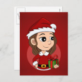 Kerstmeisje met bruine golvende feestdag feestdagenkaart (Voorkant / Achterkant)