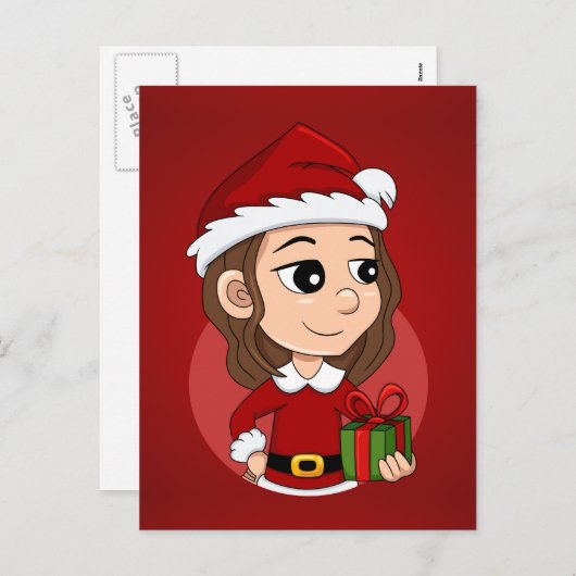 Kerstmeisje met bruine golvende feestdag feestdagenkaart (Voorkant / Achterkant)