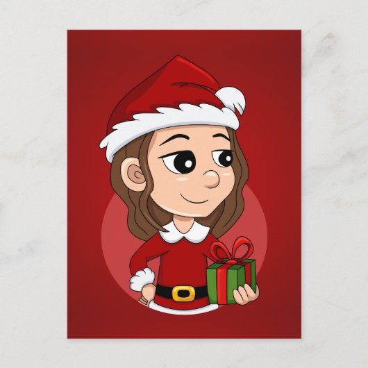 Kerstmeisje met bruine golvende feestdag feestdagenkaart (Voorkant)