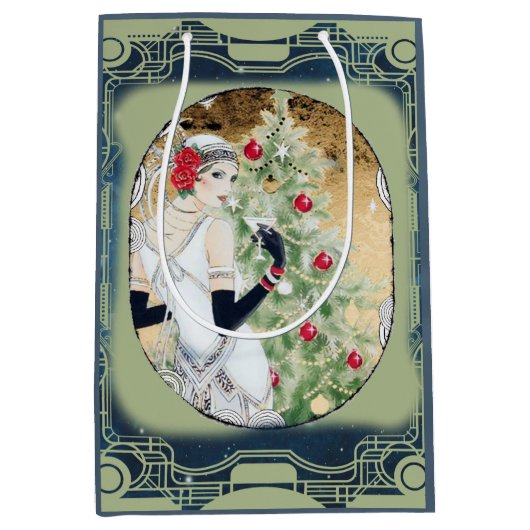 kerstmeisje met Drink en bomen Medium Cadeauzakje (Voorkant)