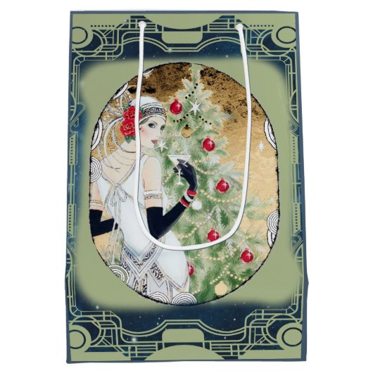 kerstmeisje met Drink en bomen Medium Cadeauzakje (Achterkant)