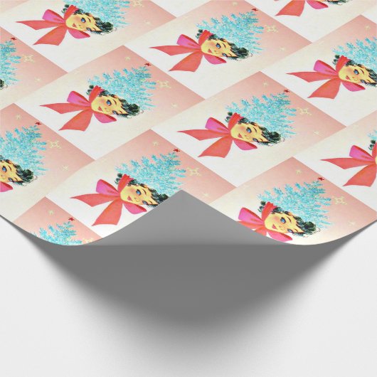 Kerstmeisje met  kerstbomen als Pet Cadeaupapier (Hoek)