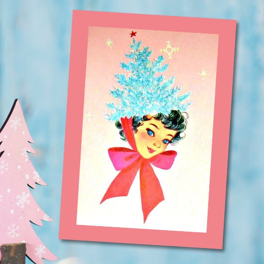 Kerstmeisje met  kerstbomen als Pet Feestdagenkaart