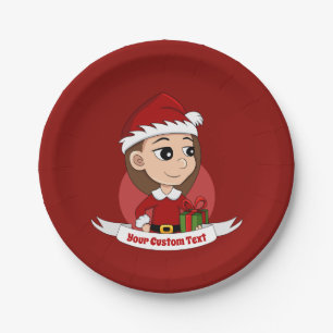 Kerstmeisje met lang bruin haar papieren bordje