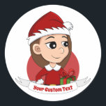 Kerstmeisje met lange bruine cartoon ronde sticker<br><div class="desc">Kerst stickers met een afbeelding van een leuk glimlachend gelukkig meisje met lang bruin haar draagt het meisje een kerstkleed met een rood pet en houdt een cadeau vast. Op een witte achtergrond. Met een aanpasbare tekstsjabloon voor jouw naam of bericht. Maak je vakantieseizoen dit jaar nog meer speciaal door...</div>