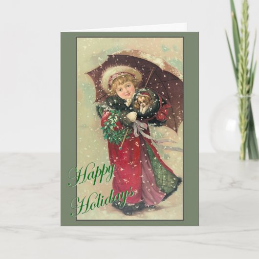 Kerstmeisje met puppy feestdagen kaart (Voorkant)