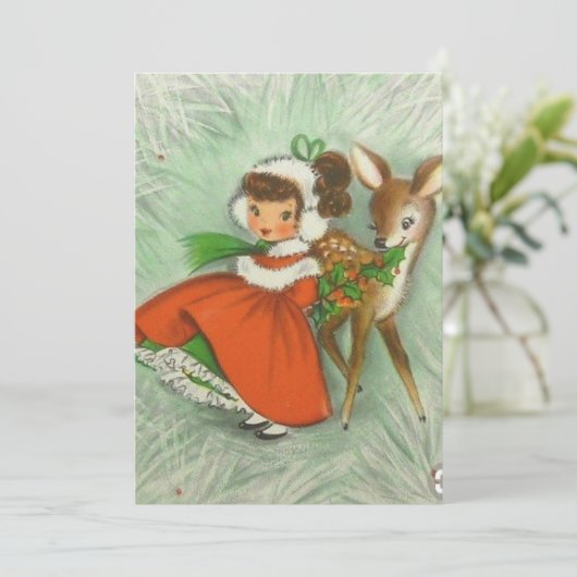  kerstmeisje met Retro en Deer Bedankkaart (Staand voorkant)