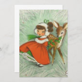  kerstmeisje met Retro en Deer Bedankkaart (Voorkant / Achterkant)