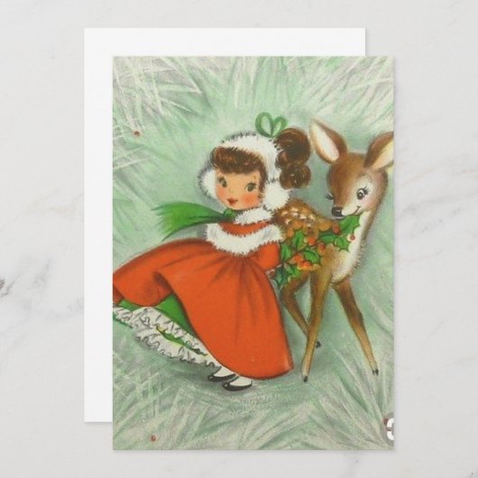 kerstmeisje met Retro en Deer Bedankkaart (Voorkant / Achterkant)