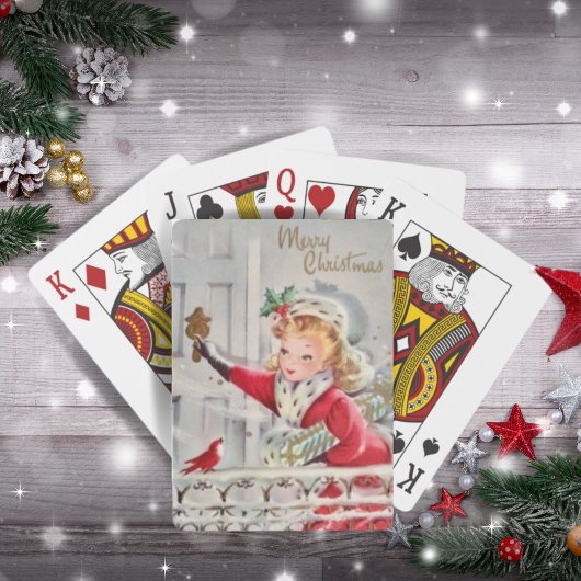  kerstmeisje met retro met cadeauvakantie pokerkaarten