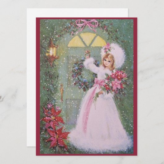 kerstmeisje met retro met Poinsettias Feestdagenkaart (Voorkant / Achterkant)