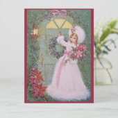  kerstmeisje met retro met Poinsettias Feestdagenkaart (Staand voorkant)