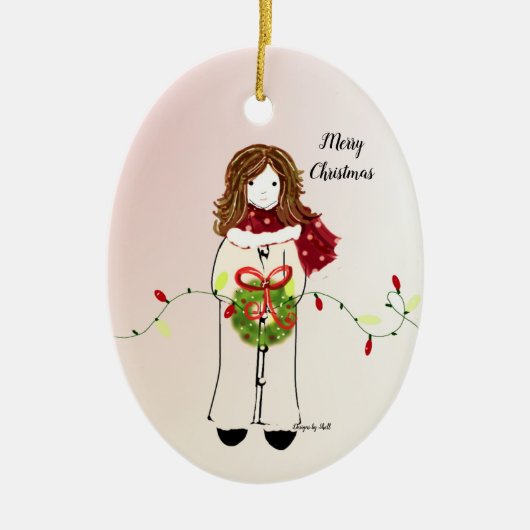 Kerstmeisje met Wreath en Lights Keramisch Ornament (Voorkant)