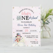 Kerstmeisje ONEderland Sneeuwman uitnodiging (Staand voorkant)