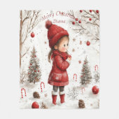 Kerstmeisje rode jas kerstbomen snoepriet fleece deken (Voorkant)