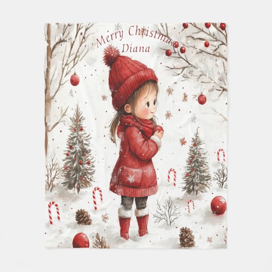 Kerstmeisje rode jas kerstbomen snoepriet fleece deken (Voorkant)