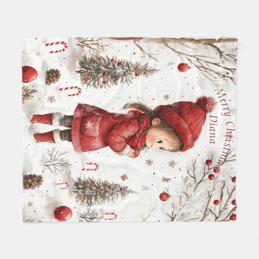 Kerstmeisje rode jas kerstbomen snoepriet fleece deken (Voorkant (Horizontaal))