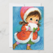 Kerstmeisje schaatst op vintage kerstkaart