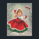 Kerstmeisje uit de jaren '50 in het dorp feestdagenkaart<br><div class="desc">1950 Vintage Christmas Girl In Dress Holiday Briefkaart.</div>