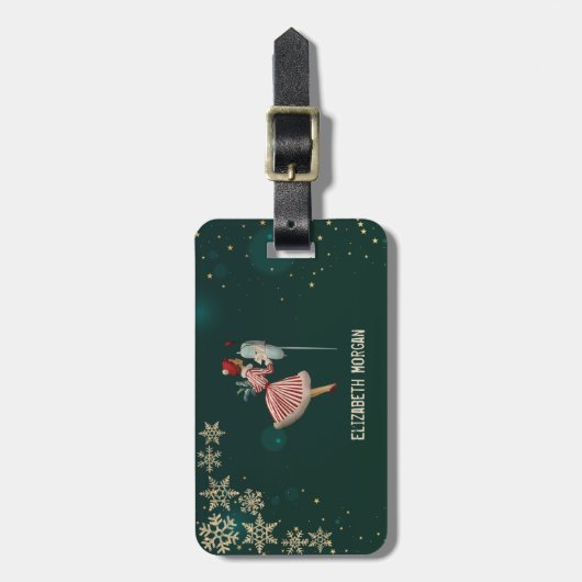 Kerstmeisje uit grootmoeders tijd met sneeuwvlokke bagagelabel (Voorkant verticaal)